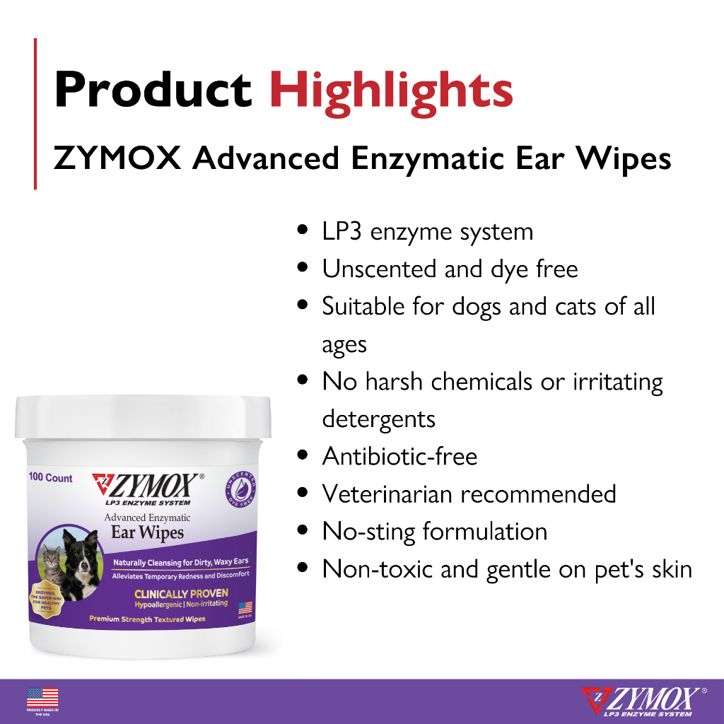 Zymox Advanced Enzymatic Ear Wipes highlights