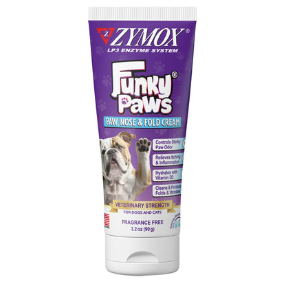 Zymox Funky Paws paw, nose, and fold cream tube on a white background UK Stock
